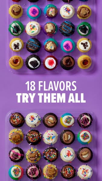 This ad features a photo of two clear plastic containers filled with mini cupcakes, each with a different frosting and t