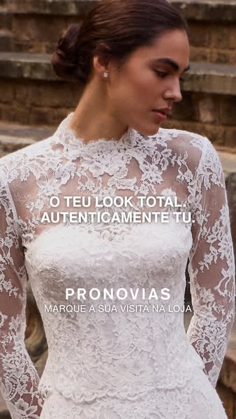 This Pronovias ad features a full-length shot of a model wearing a white lace wedding dress, coupled with text highlight