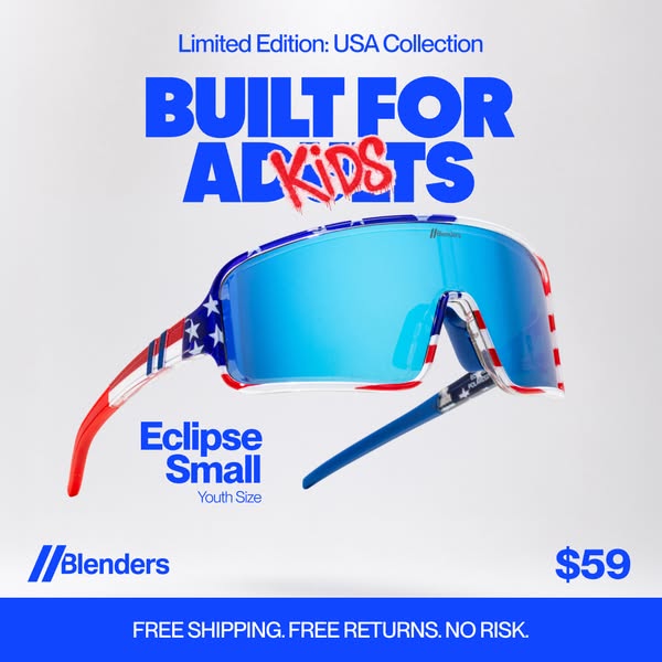 This ad showcases the Blenders "Eclipse Small" sunglasses, specifically designed as youth-sized eyewear from t