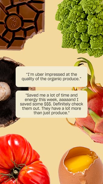 This ad uses customer testimonials to promote the quality and convenience of Uber Eats grocery delivery service. The ad 