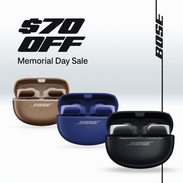 This image ad for Bose promotes a Memorial Day sale offering $70 off. It features three different colored versions of th