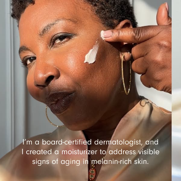 This image ad features a dermatologist promoting a moisturizer that she created to address visible signs of aging in mel
