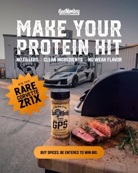 This image ad by Gas Monkey Garage is advertising GPS seasoning and enticing customers to buy spices for the chance to w