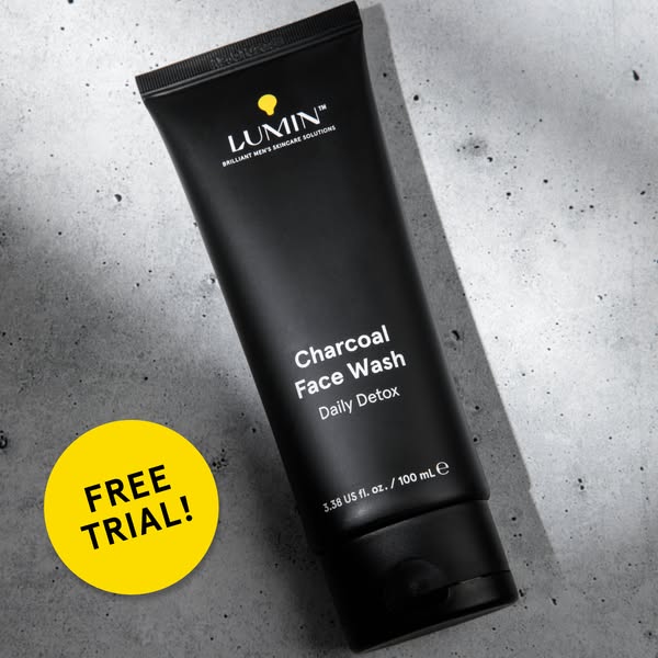 This ad features Lumin's Charcoal Face Wash, highlighting its daily detox benefits and offering a free trial to enco