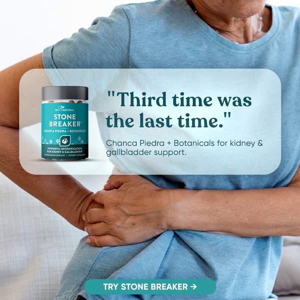 An ad for Eu Natural Stone Breaker features a woman experiencing back pain. The ad includes a testimonial stating that t