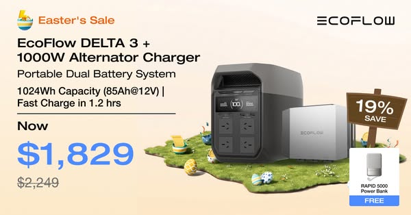 This ad promotes EcoFlow DELTA 3 + 1000W Alternator Charger with a Easter's Sale. A power bank Rapid 5000 is offered