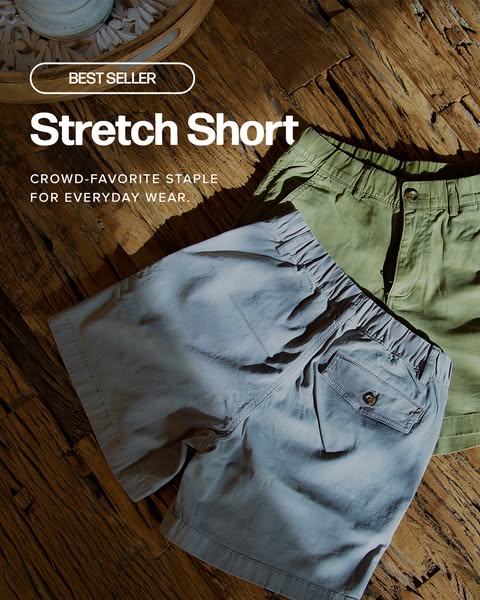 This ad showcases two pairs of stretch shorts with an emphasis on their comfort and everyday wearability.
