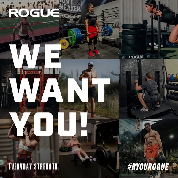 This Rogue Fitness ad uses a collage format to display various individuals engaged in different exercises using Rogue eq