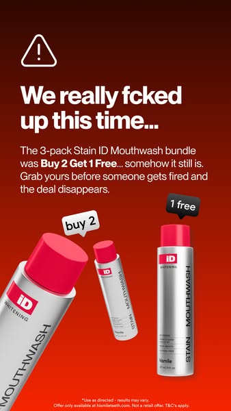 This ad acknowledges a pricing mistake on the HiSmile Stain ID Mouthwash 3-pack bundle, turning it into an urgent call t