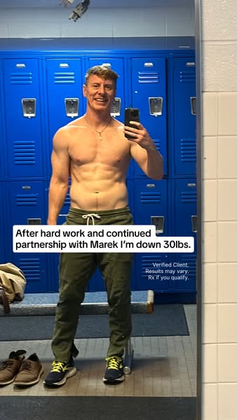 This ad features a shirtless man in a locker room who shares that he has lost 30 pounds through hard work and a partners