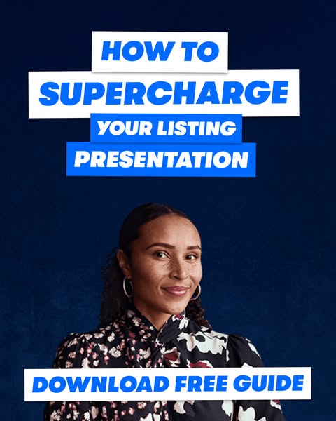 This ad promotes a free guide on how to supercharge your listing presentation. It features a portrait of a woman and use