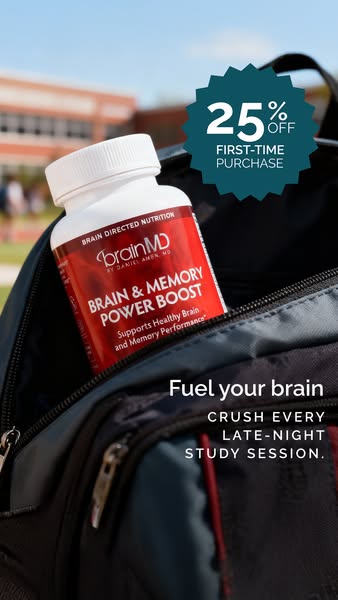 This ad promotes BrainMD's Brain & Memory Power Boost supplement, highlighting its benefits for students to fuel