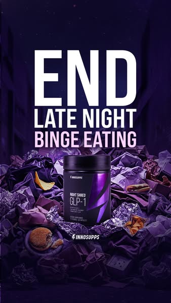 This ad promotes Inno Supps' Night Shred GLP-1 supplement to help prevent late-night binge eating. The ad features a