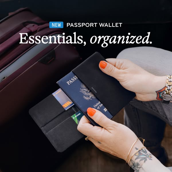 This ad showcases a passport wallet, emphasizing its organizational benefits for travel essentials. The ad features a pe