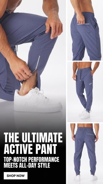 This ad promotes active pants, highlighting their suitability for both high-performance activities and everyday wear. Th