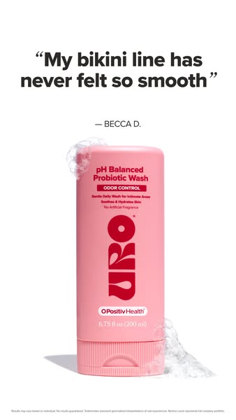 This ad features a testimonial from a customer about the URO pH Balanced Probiotic Wash. The ad highlights the product&#
