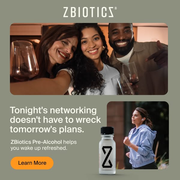 Image ad for ZBiotics, a pre-alcohol drink that helps you wake up refreshed. It features a split view of people networki