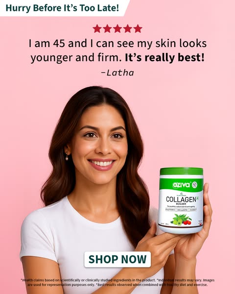 This ad features a woman holding a container of Oziva Collagen Builder and sharing her positive experience with the prod