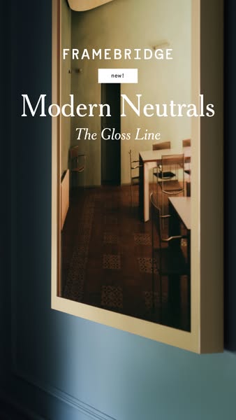 This ad showcases Framebridge's new line of modern neutral frames, called The Gloss Line. The ad features a framed p