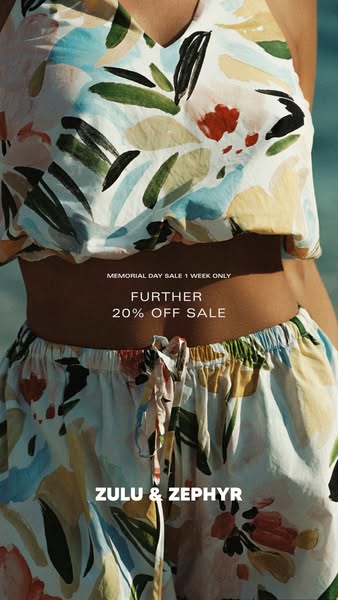 An image ad for Zulu & Zephyr promoting a sale for Memorial Day. It features a model wearing a matching set of a cro