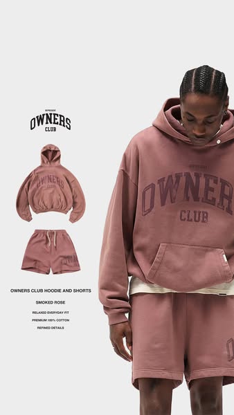 The image ad showcases the Represent Owners Club Hoodie and Shorts in Smoked Rose. It emphasizes the relaxed fit, premiu