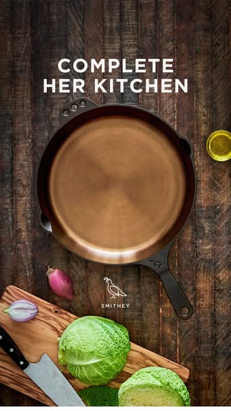 This image ad showcases a cast iron pan from Smithey, positioned in a kitchen setting with ingredients and a knife. The 