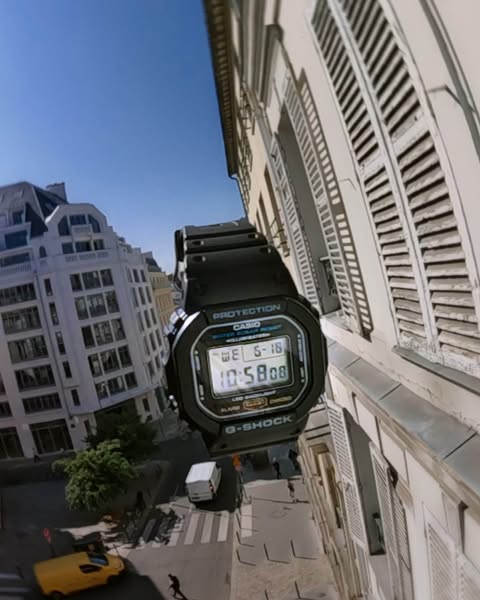 An ad showcasing a Casio G-Shock watch against the backdrop of a Parisian city. The image uses a fisheye-like perspectiv