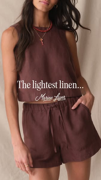 This ad showcases a brown linen shorts and top set from Marine Layer, highlighting the fabric's lightweight quality.