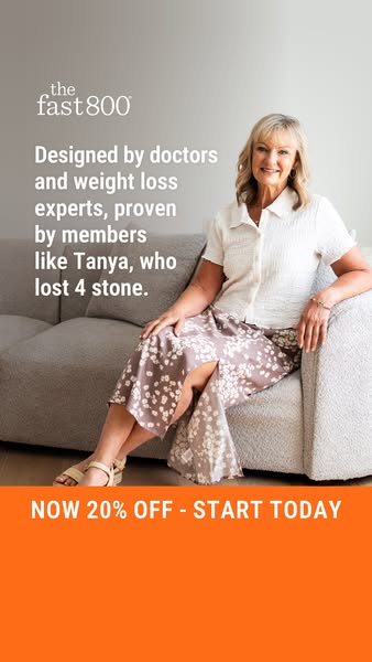 This image ad for The Fast 800 diet program features an endorsement from a member who lost 4 stone (56 pounds). It highl