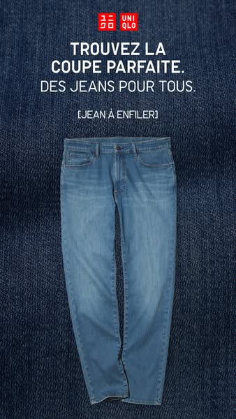 This image ad by Uniqlo promotes their jeans. The ad features a pair of light wash jeans against a textured dark blue de