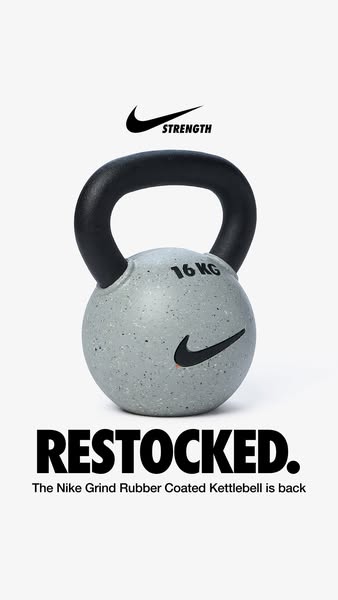 This ad showcases the Nike Grind Rubber Coated Kettlebell, emphasizing its restocked status. The visual presentation is 