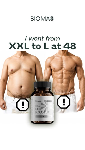 This ad features a before and after shot of a man who has lost weight, and is promoting Bioma's GLP-1 Booster.