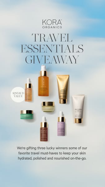 Image ad for Kora Organics announcing a giveaway for three lucky winners to receive the brand's travel must-haves.