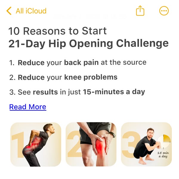 This ad promotes a 21-day hip-opening challenge by listing 10 reasons to start the challenge and demonstrating how it ca
