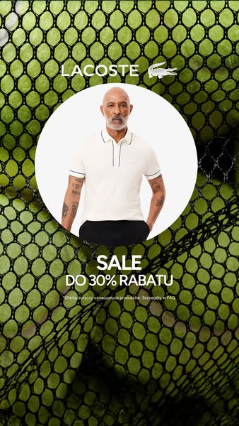 This image ad for Lacoste features a man wearing a polo shirt, with a sale offer of up to 30% off.