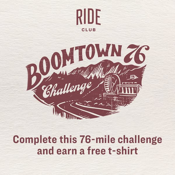 This ad promotes a 76-mile challenge from Ride Club, with participants earning a free t-shirt upon completion.