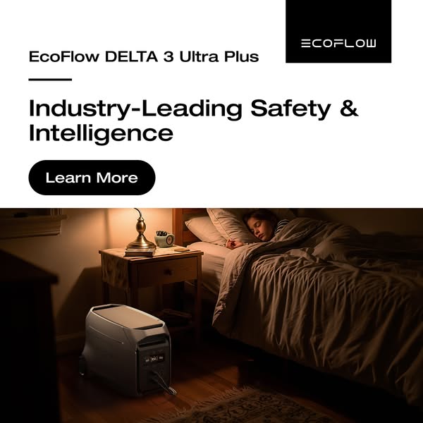 This ad for the EcoFlow DELTA 3 Ultra Plus features the product in a bedroom setting, emphasizing its safety and intelli