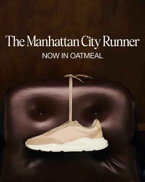 This ad showcases a pair of "The Manhattan City Runner" sneakers in an oatmeal color. The shoes are displayed