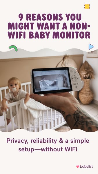 This image ad promotes a non-WiFi baby monitor. The ad lists '9 reasons you might want a non-WiFi baby monitor' 