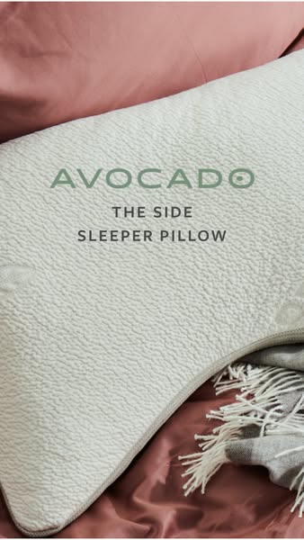 This ad showcases the Avocado brand's side sleeper pillow. The image focuses on the pillow's texture and design,