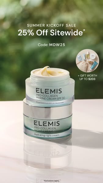 Image ad for Elemis skincare products promoting a sitewide summer sale with a gift worth up to $203.