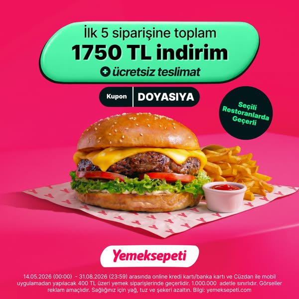 This ad promotes Yemeksepeti, advertising a coupon offering 1750 TL off the first 5 orders.