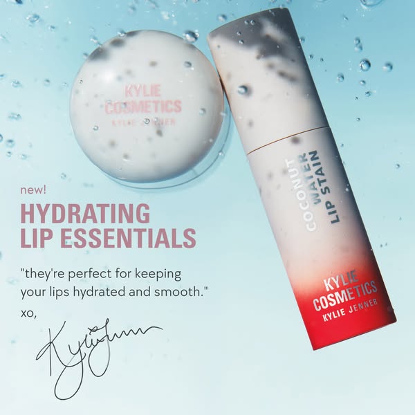 This ad promotes Kylie Cosmetics' new hydrating lip essentials, highlighting their ability to keep lips hydrated and