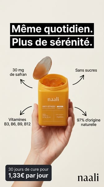 This image ad promotes Naali anti-stress gummies. The ad calls out key ingredients and features such as saffron, vitamin