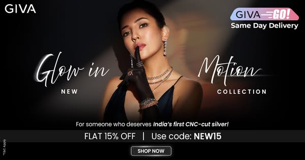This ad promotes GIVA jewelry, specifically the new Motion collection. The ad showcases a woman wearing GIVA jewelry and