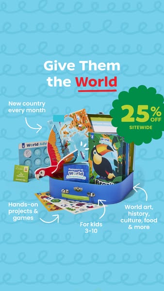 This ad promotes a subscription box for kids ages 3-10 that delivers a new country every month. The box includes hands-o