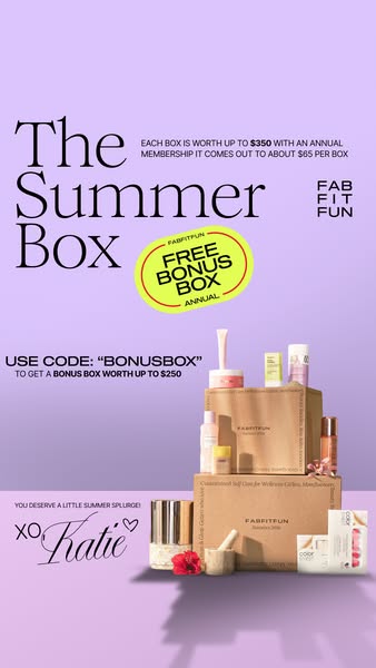 This ad promotes FabFitFun's Summer Box, highlighting a bonus box offer with the code BONUSBOX. The creative feature