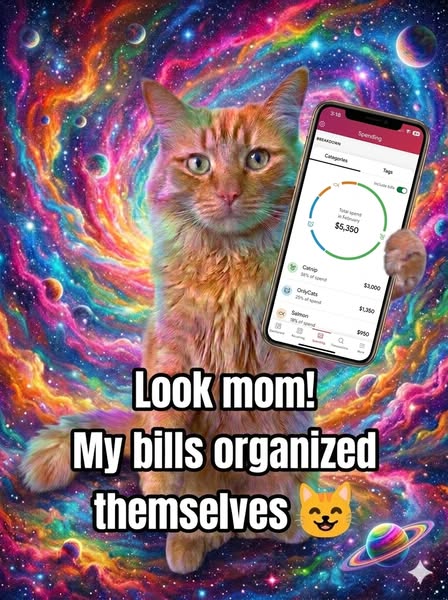 This ad features an image of a cat, apparently speaking to its mom, saying that its bills organized themselves. The ad f