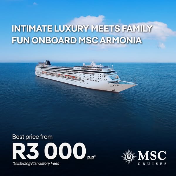 This ad is for MSC Cruises, promoting their cruises on the MSC Armonia. The image shows the MSC Armonia at sea, with a h