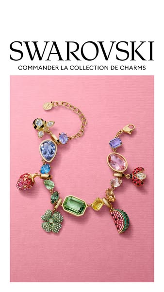 A product image ad for Swarovski. The image features a charm bracelet against a pink background. The headline reads &quo